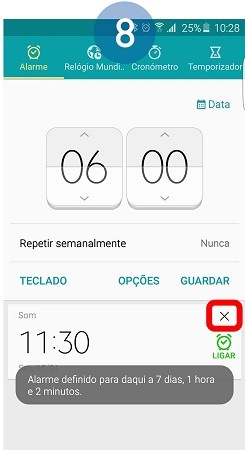 Para eliminar um alarme basta tocar no ícone X