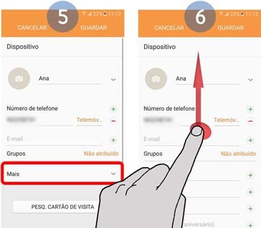 Selecione Mais, para visualizar todas as informações editáveis do contacto. Percorra até ao fim da listagem