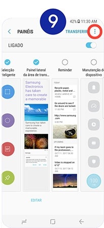 Para reordenar os painéis toque no ícone Definições