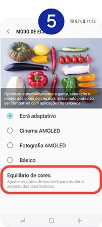 Selecione Equilíbrio de cores