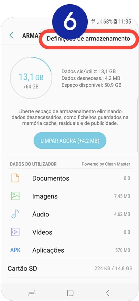 Selecione Definições de armazenamento