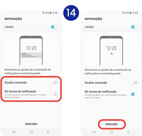 Edite as opções de visualização de notificações no ecrã bloqueado e toque em Concluído