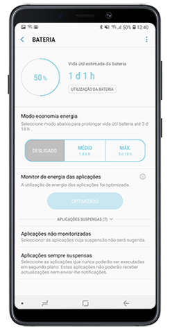 Tocar em Optimizar ou selecionar modo de economia de energia
