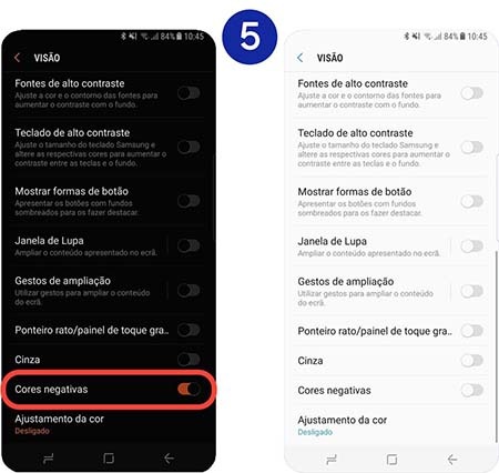 Percorra e toque no interruptor ao lado da função Cores negativas para desativar a função