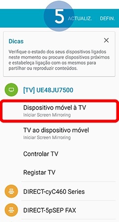 Selecione Dispositivo móvel à TV