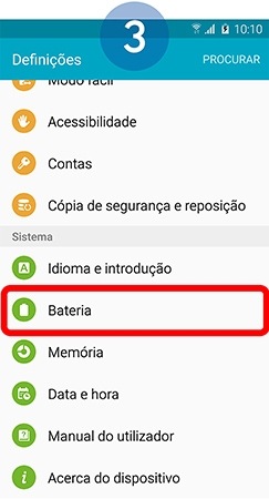 De seguida selecione em “Sistema” a opção “Bateria”