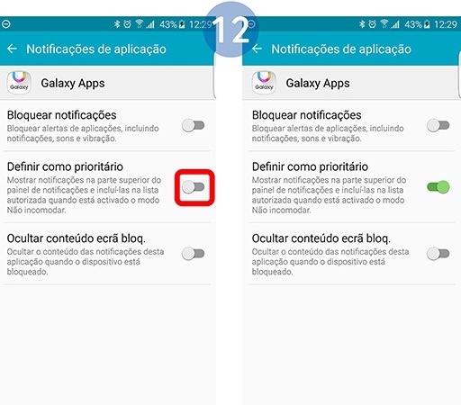 Selecione Definir como prioritário para que as notificações dessa aplicação sejam incluídas na lista autorizada de notificações