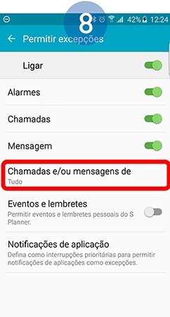 Poderá definir quais os contactos a serem considerados exceções tocando em Chamadas e/ou mensagens de