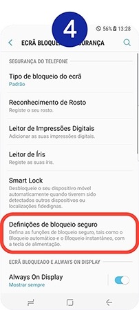 Toque em Definições de bloqueio seguro