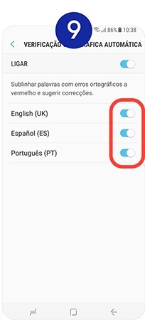 Caso possua mais que um idioma no teclado selecione os idiomas que pretende que sejam verificados ortograficamente