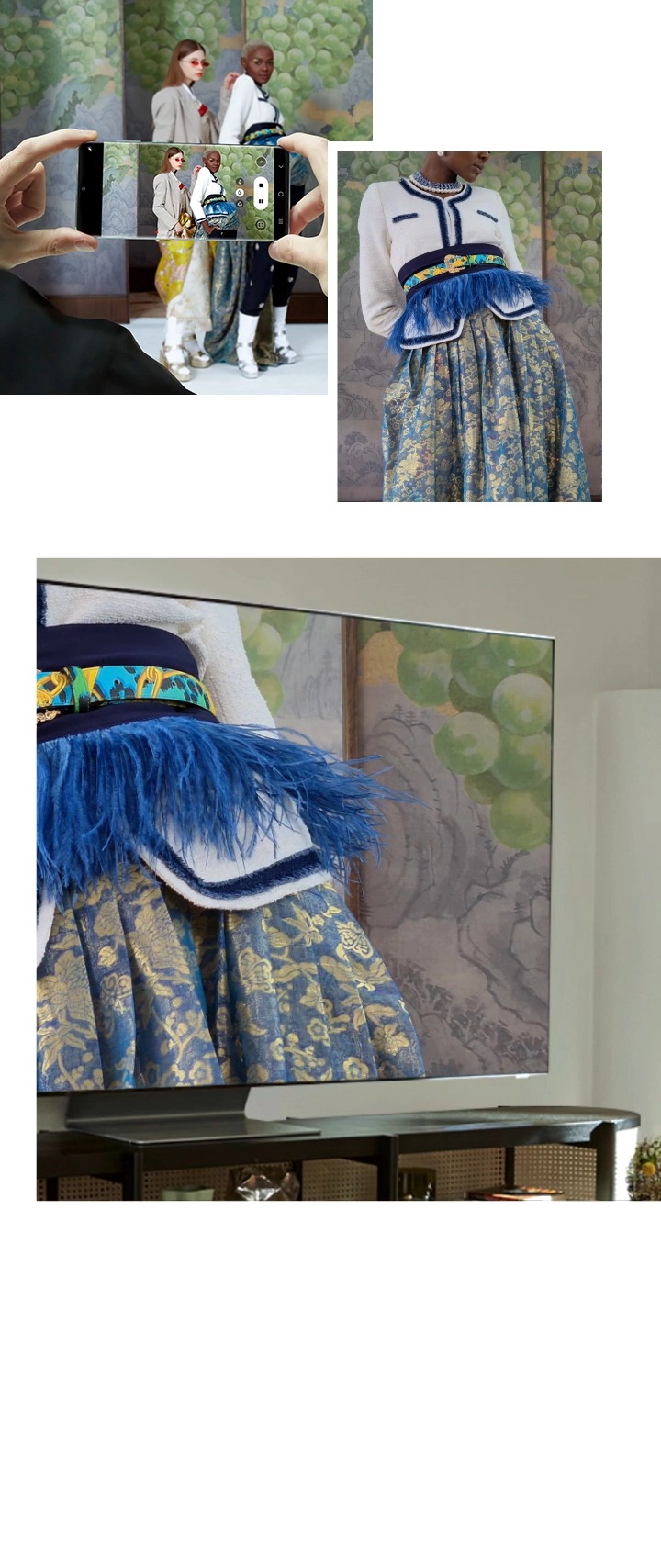 Moda Exemplo sequencial de como são filmados os vídeos 8K com o Galaxy S20 e os detalhes dos vídeos 8K que podem ser vistos na QLED 8K. Este exemplo é baseado num desfile de moda, e nos detalhes dos têxteis das roupas.