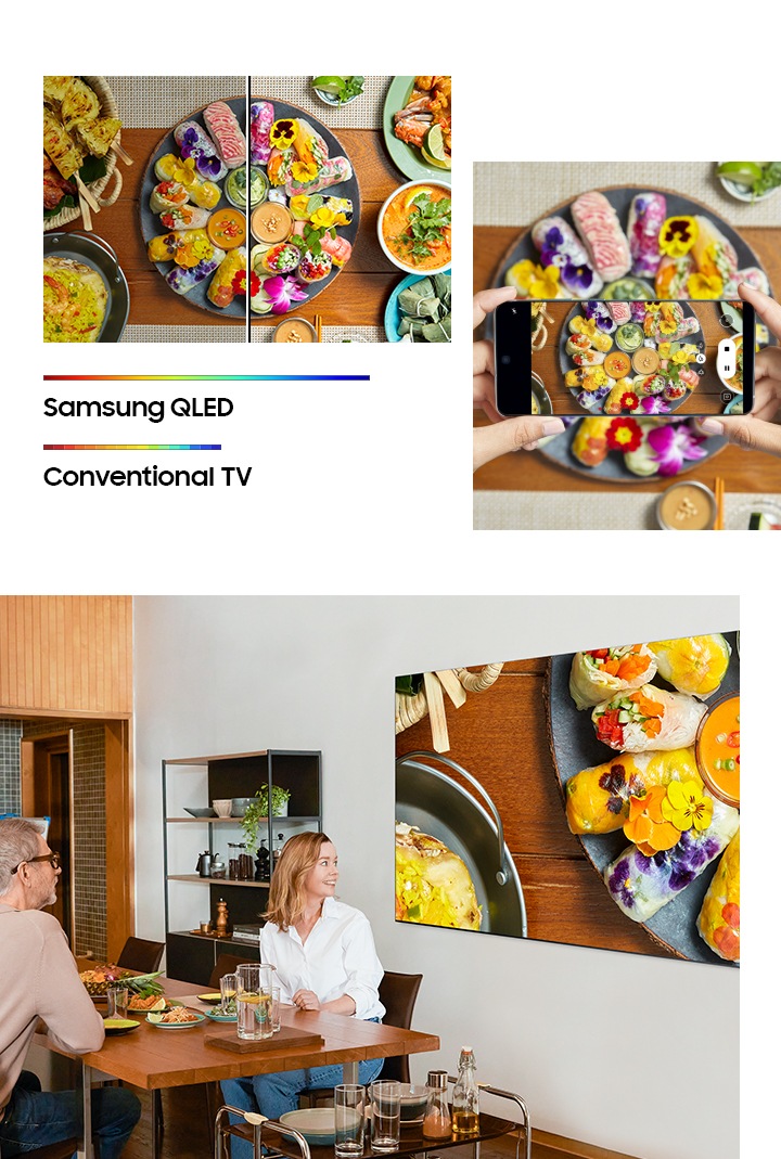 Estão pratos fantásticos na mesa. Aparecem mãos a filmar estes pratos em vídeo 8K com o Galaxy S20. Um casal observa os detalhes nítidos e as cores dos vídeos de receitas filmados em 8K com o Galaxy S20, apresentados na Samsung QLED. Os maravilhosos pratos são colocados na mesa. As cores numa TV convencional parecem mais escuras e pouco vivas comparadas com as da Samsung QLED 8K. As cores da Samsung QLED 8K parecem vibrantes e mais brilhantes que na TV convencional.