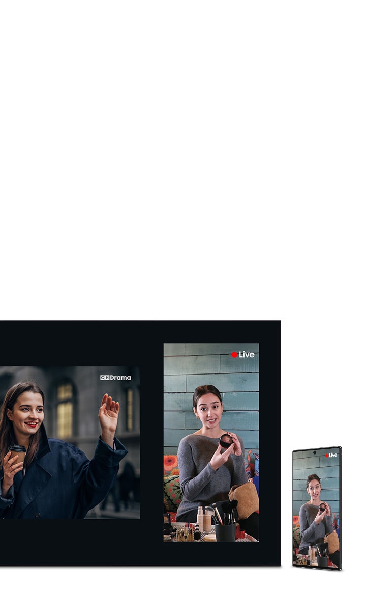 O ecrã múltiplo QLED apresenta dois ecrãs: um é o da televisão e o outro é o ecrã que espelha o telefone.