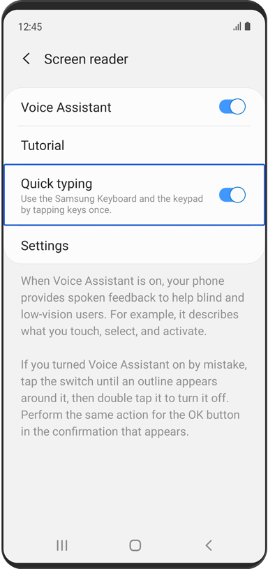 Se muestra el menú “Lector de pantalla”. La escritura rápida está “activada”. El texto descriptivo dice lo siguiente: Usa el teclado alfabético y el teclado numérico de Samsung al pulsar las teclas una sola vez.