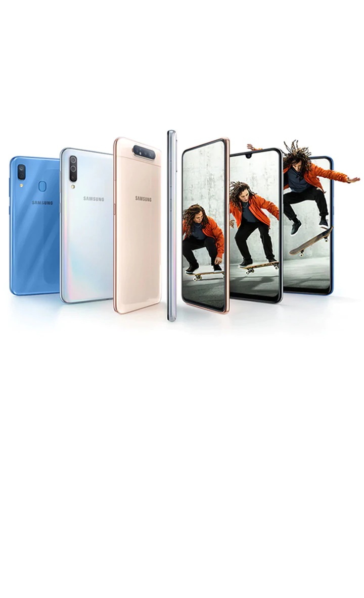 La gama Galaxy A que se despliega para mostrar a un patinador que atraviesa la pantalla.