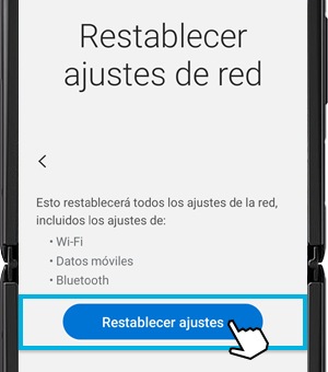 Captura de pantalla que muestra cómo restablecer los ajustes de red en el dispositivo.