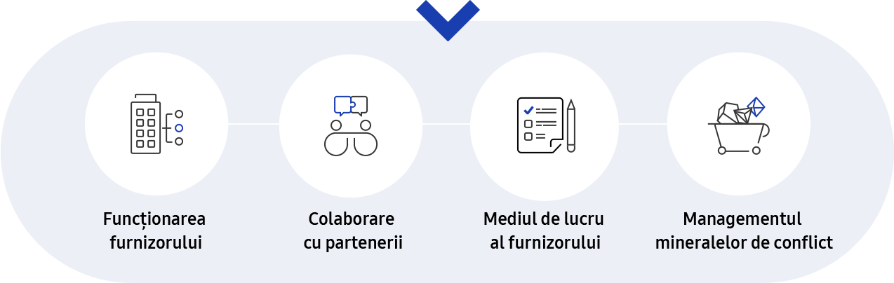 Această imagine descrie strategia de management a lanțului de aprovizionare și cele cinci criterii explicate suplimentar în graficul de informații în secțiunea lanțul de aprovizionare al durabilității.