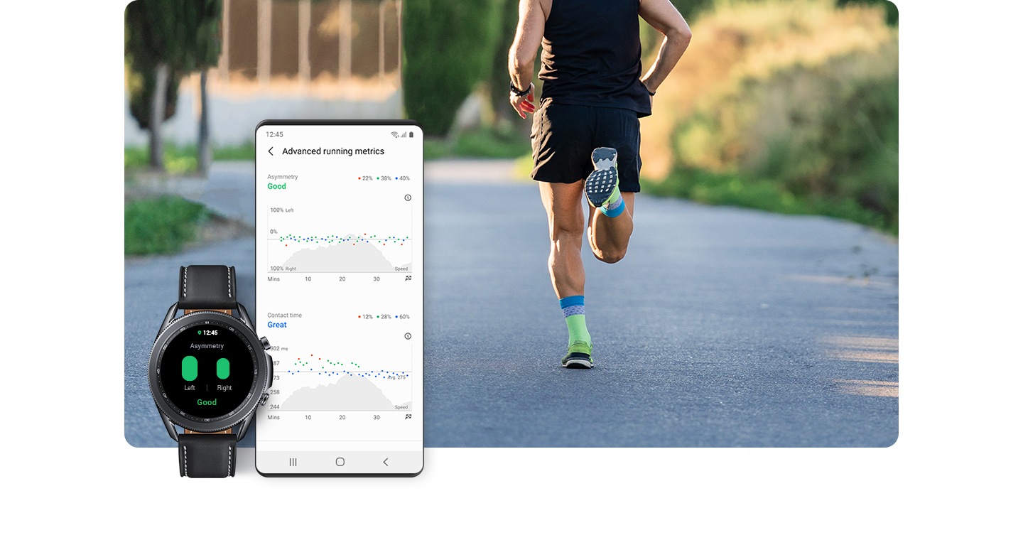 Smartphone-ul Galaxy și Galaxy Watch sunt prezentate afișând rezultatele valorilor de monitorizare. Un bărbat care poartă un ceas inteligent și haine de alergat este prezentat alergând pe un drum.