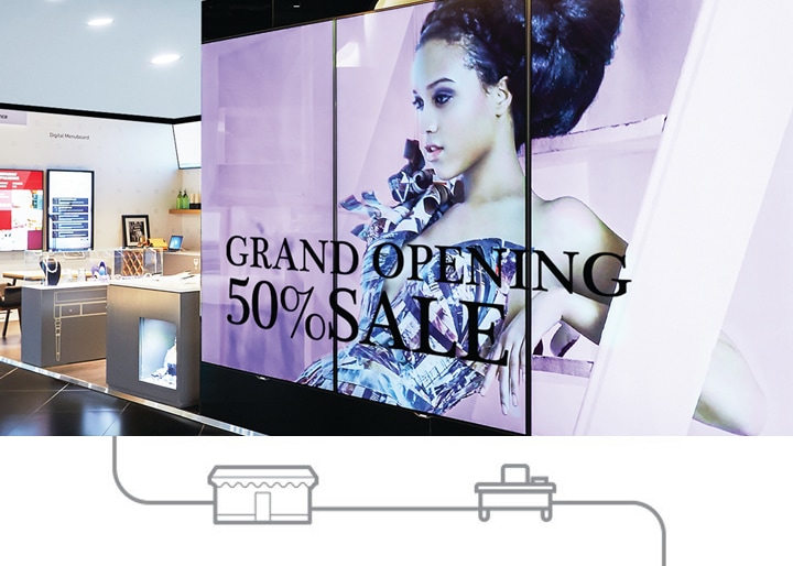 Imaginea unei reclame la reduceri pe un dispozitiv de afişare Samsung de semnalizare într-un complex comercial