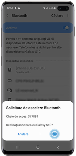 Atingeti OK in cadrul solicitarii de asociere prin Bluetooth