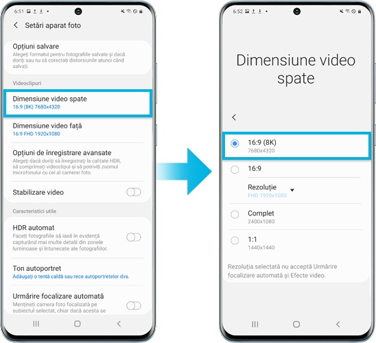 imaginea dispozitivului Galaxy S20 care activează modul Videoclip 8K