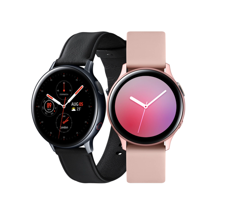 Galaxy Watch Active2 Două ceasuri Galaxy Watch Active 2, unul în negru și unul în roz auriu. Ceasul negru este văzut într-un unghi de 45°, iar ceasul roz auriu este văzut din față.