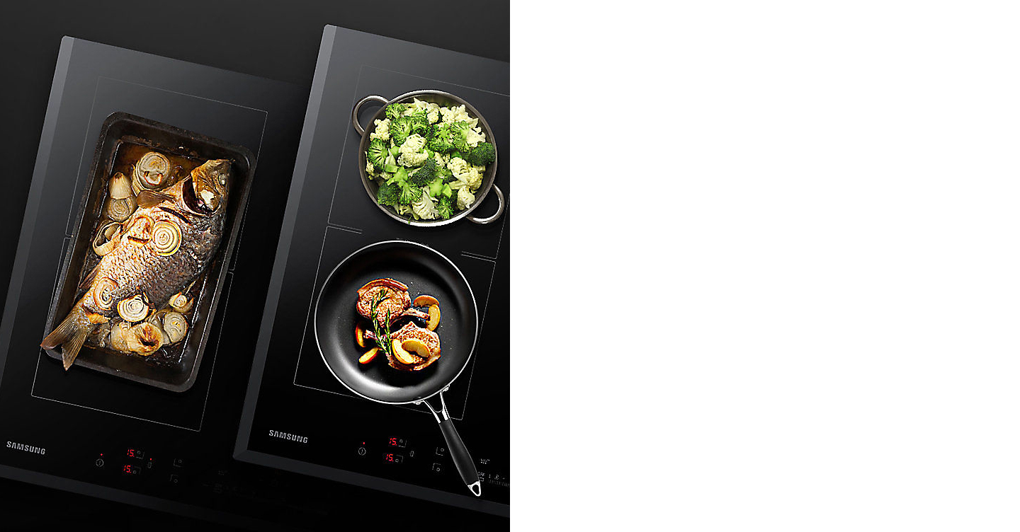 Two dishes are on a Samsung cooktop with Virtual Flame™ technology.