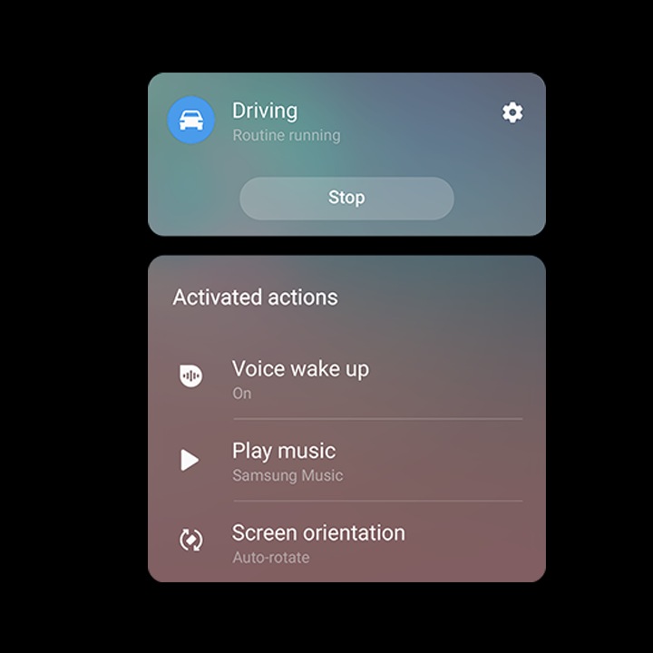 Симулирана слика на интерфејсот Bixby навики во текот на возењето. Aктивираните функции порачуваат Bixby Voice вклучи се, пушти Samsung музика и ротирај ја ориентацијата на екранот.