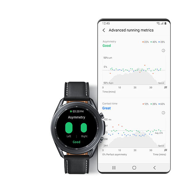 Часы Galaxy watch фиксируют ассиметрию работы ее ног. На экране интерфейса отображаетс улучшенная метрика бега, включая наличие асимметрии работы ног и время контакта стопы с поверхностью земли.