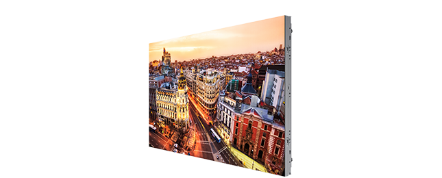 An angled shot of the IW008R model cabinet displaying a picture of a busy city at sunset.
