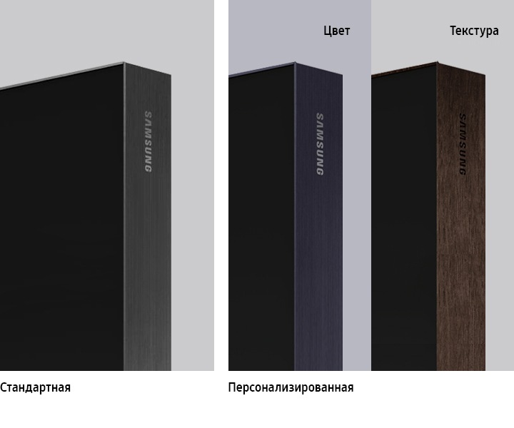 A close-up corner shot of The Wall décor frame being shown in several forms - a standard grey metal frame on the left, a blue metal frame in the middle and wooden frame on the right. They can be customized in different colors and textures.