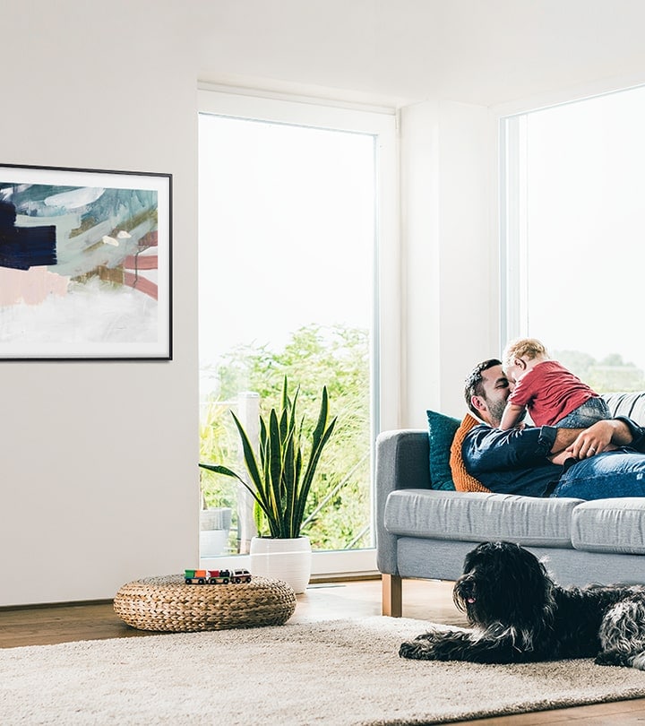 Mounted on the wall, the 2020 The Frame TV has a design that looks like a real picture frame to blend into your living room.