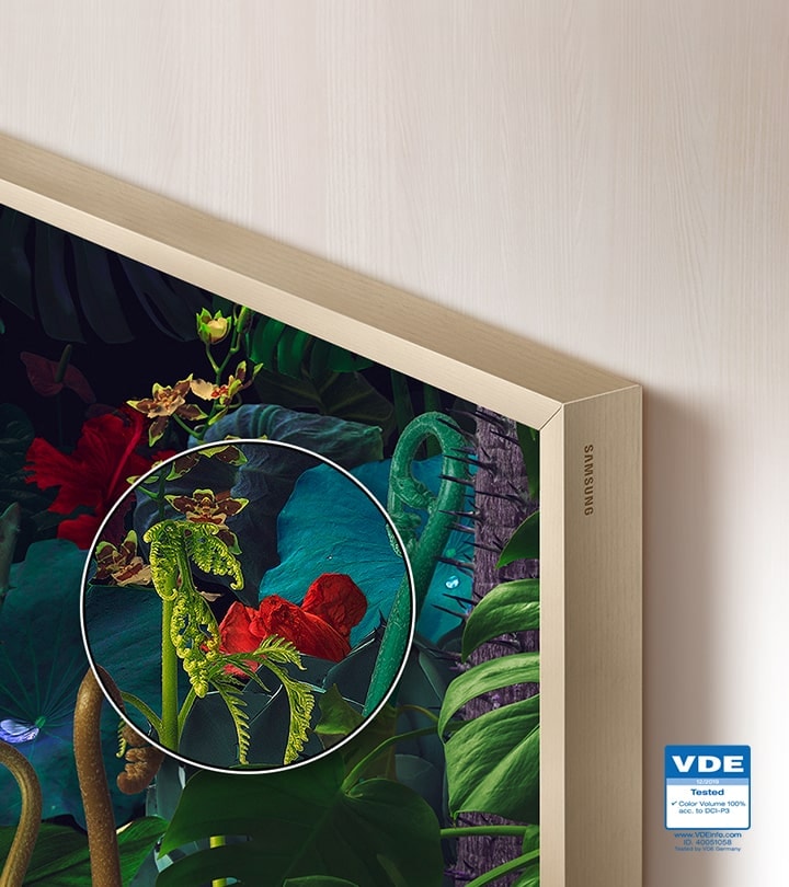 This art TV's beautiful frame also has QLED technology. It displays the vivid color of 100% color volume as it zooms into part of a painting. In the corner is VDE certification showing that it has been tested to color volume 100% according to DCI-P3.