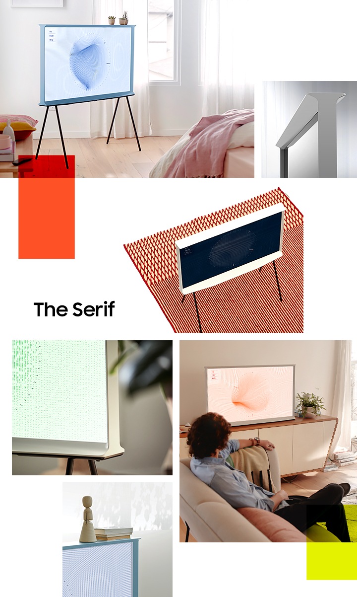 A Cotton Blue The Serif sits on a black stand in the middle of a bright and airy bedroom. Next to it is a Cloud White model showing the iconic capital-I profile closeup. Below, is a Cloud White model of The Serif is on a black stand, seen from the top on a red carpet. Below and on the left is a closeup image of a Cloud White model of The Serif showing the clock in Ambient mode against a green and white screen. To the right, a man sits on a sofa in a living room, looking sideways at a Cloud White model of The Serif placed neatly without a stand on top of stylish TV consol. The final image shows a closeup of the corner of a Cotton Blue model with books and a small figurine placed on the top. These are showing TV room interior design of 2020 The Serif.