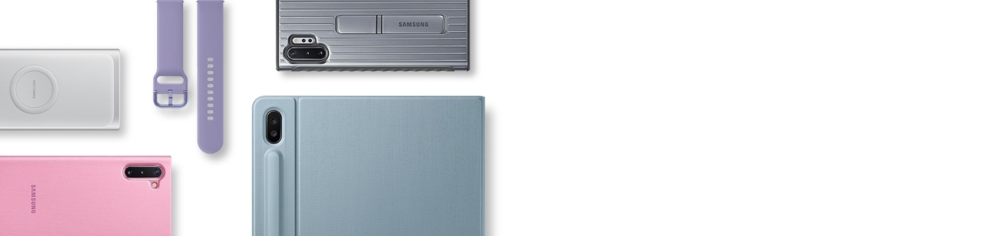 Мобильді керек-жарақтар Wireless Battery Pack күміс түсті сымсыз қуаттау құрылғысы, Galaxy Watch Active2 сағатына арналған күлгін түсті спорттық бау, Galaxy Note10 plus смартфонына арналған қызғылт түсті Silicone Cover қабы, Galaxy Note10 plus смартфонына арналған күміс түсті Protective Standing Cover қабы, Galaxy TabS6 BookCover пернетақтасы