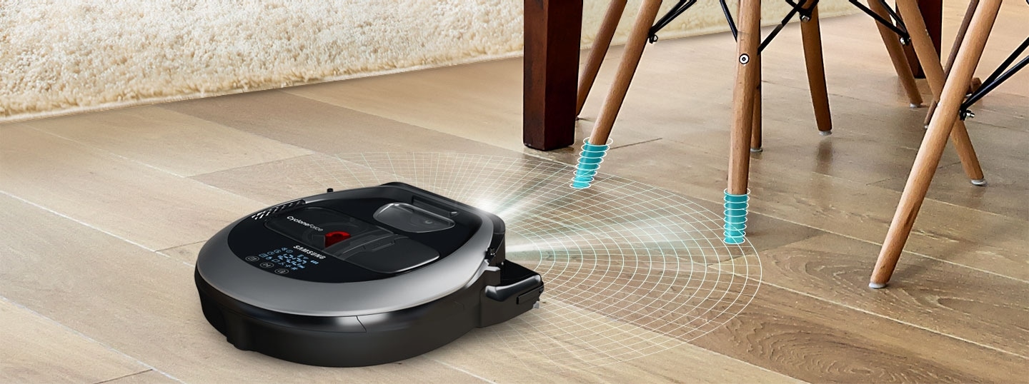 Изображение, на котором робот пылесос POWERbot VR7000 обнаруживает тонкие ножки стола в гостиной с помощью функции FullView Sensor™ 2.0.