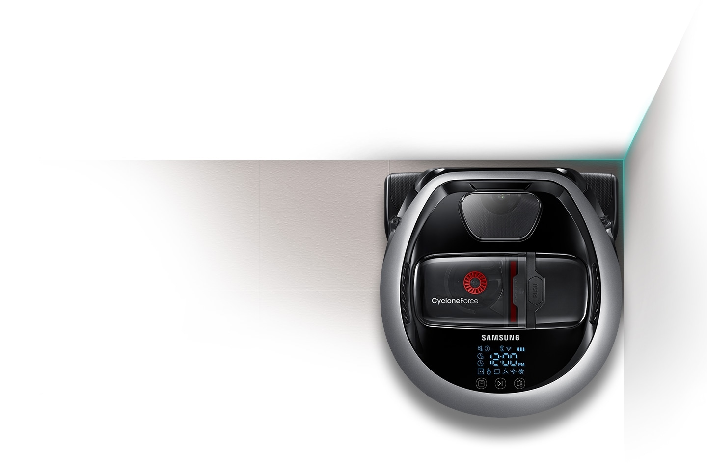 Изображение, показывающее робот пылесос POWERbot VR7000, убирающее углы комнаты.