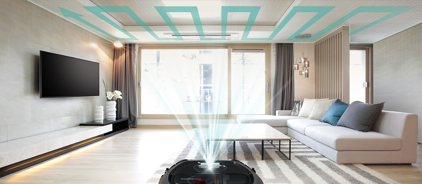 Изображение, показывающее всю гостиную и устройство POWERbot VR7000, установленное посередине. Его датчик сканирует потолок и создает траекторию очистки.
