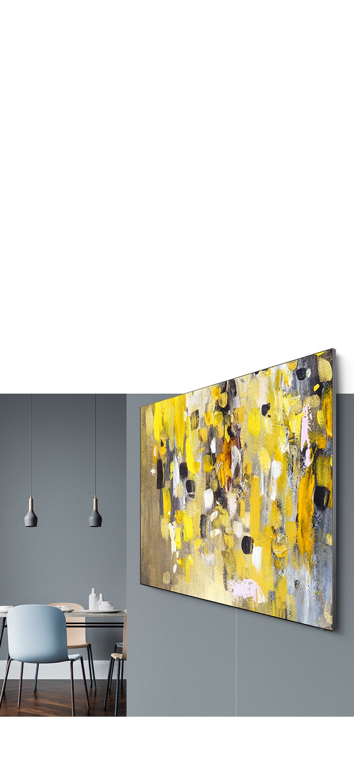 A 2020 QLED TV with Samsung one invisible connection which makes TV cable invisible is hanging on the wall. Also, QLED TV looks glued to the wall using no gap wall mount.
