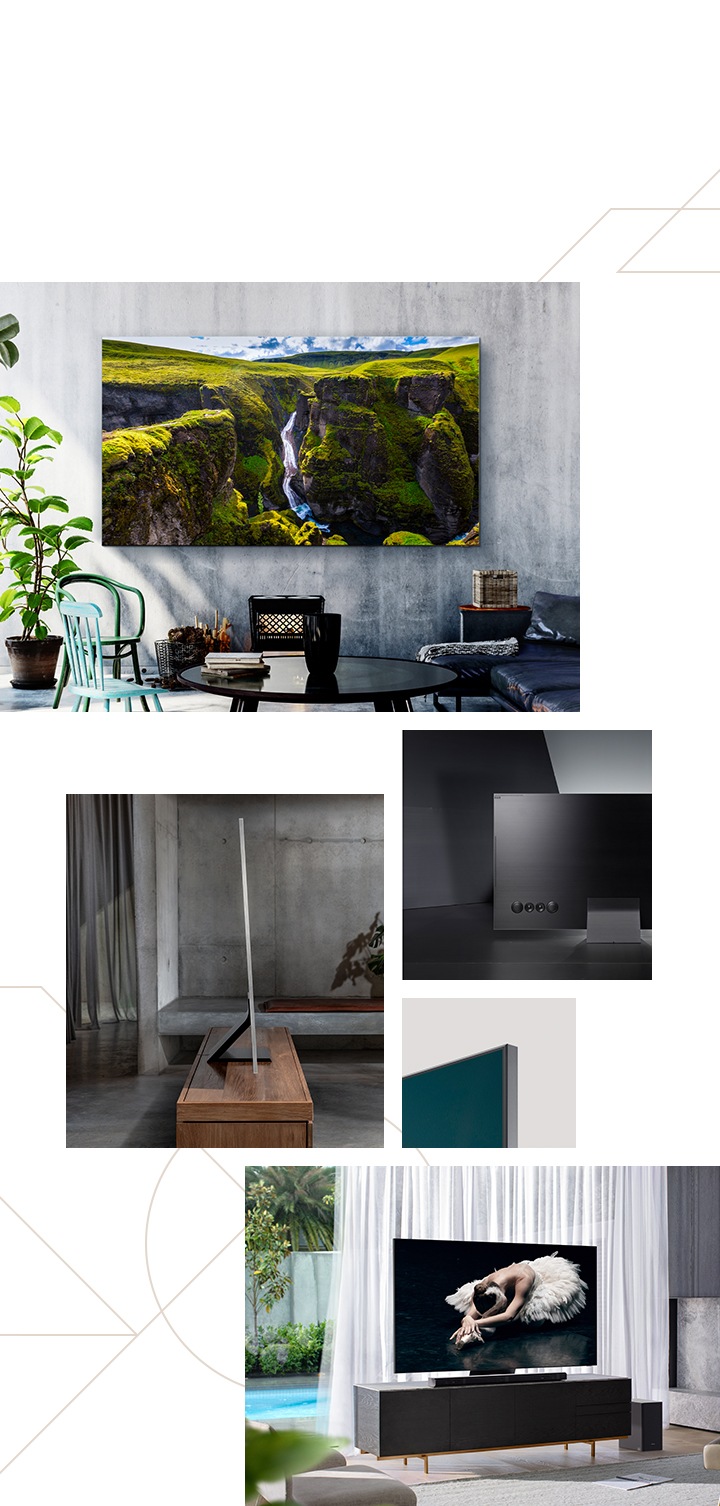 There are about Samsung QLED TV design. 2020 QLED TV is hanging on the wall and the other is standing in a living room. Additional speakers are on the back of TV . QLED's ultra slim standing design and the sideway of QLED which has almost invisible bezel.