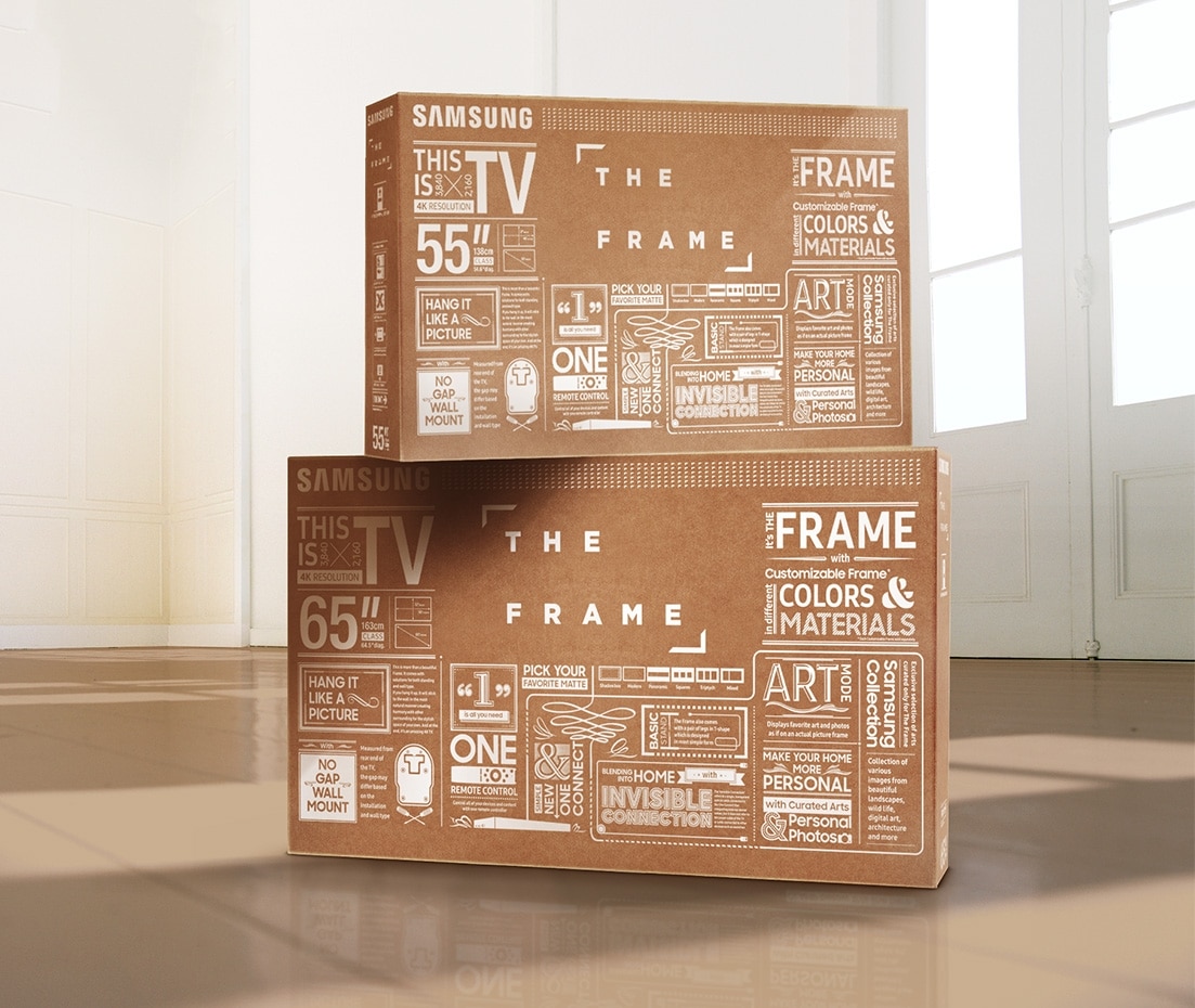 Boxes for The Frame are stacked up against each other in the middle of a room.