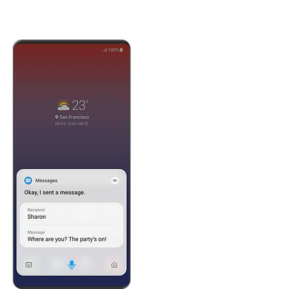 تعرض شاشة Galaxy رسالة نصية تم إرسالها إلى شارون باستخدام ميزات تحكم Bixby، ونصها "أين أنت؟ لقد بدأت الحفلة!".