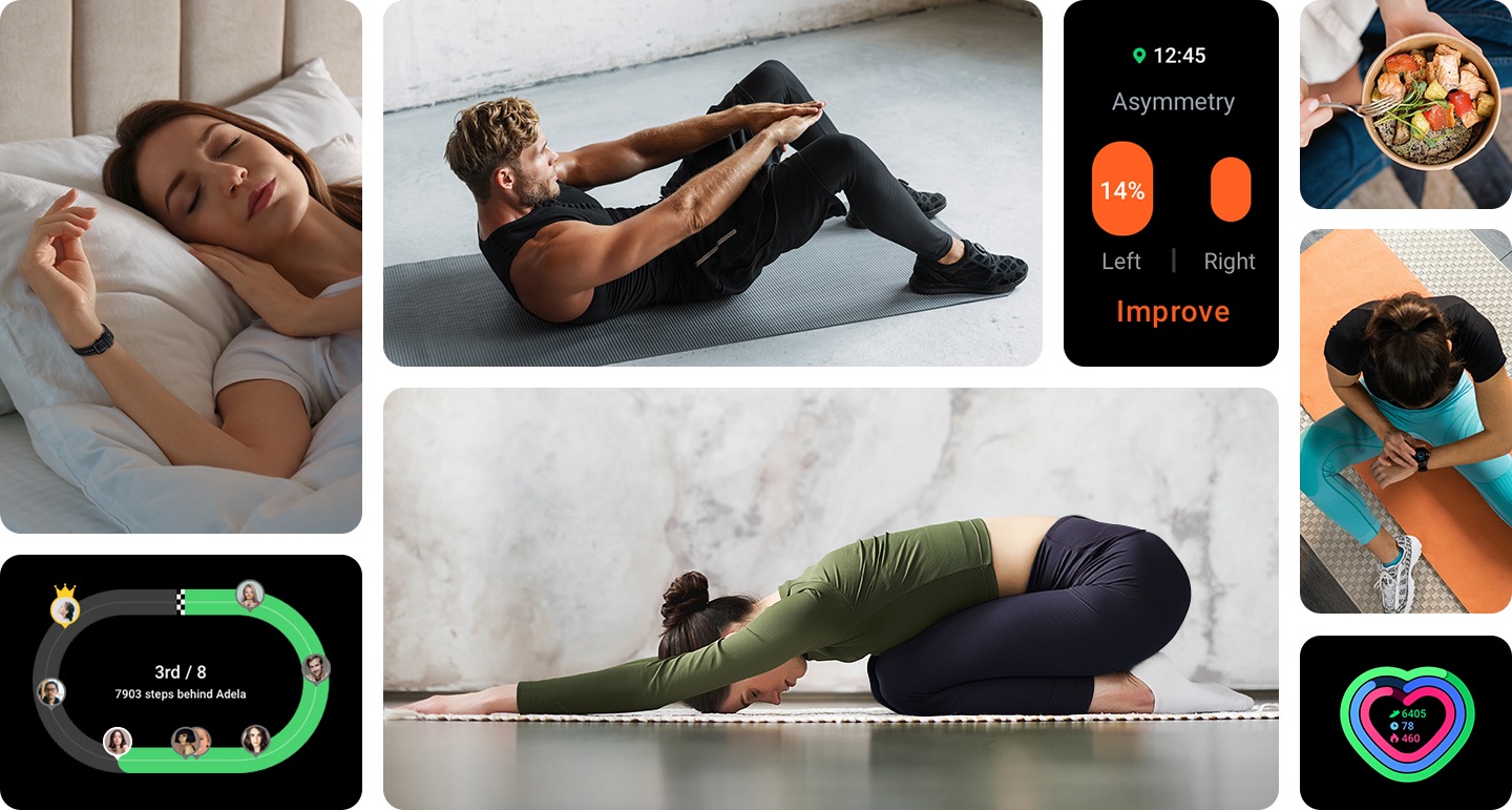 تُعرض صورة مجمعة تشمل ثمان صور توضح ميزات Samsung Health. تظهر سيدة في أثناء نومها على السرير مرتديةً ساعة ذكية. يظهر رجل مستلقيًا على ظهره يمارس التمرينات الرياضية. تُعرض صورة لنتائج تتبع مقياس عدم التماثل. يظهر شخص يحمل سلطة السلمون المشوي. تظهر امرأة جالسة على مقعد في غرفة خلع الملابس تنظر إلى ساعتها الذكية. تُعرض صورة لنتائج مستوى الأكسجين في الدم. تُعرض وضعية تمرين اليوجا المعروفة باسم "وضعية الطفل" تقوم بها سيدة. تُعرض صورة لنتائج التحدي الجماعي في Samsung Health.