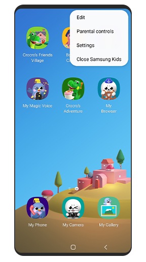 شاشة Samsung Kids الرئيسية، التي يظهر فيها زر القائمة في الجزء العلوي الأيمن مفتوحاً للوصول إلى إعدادات الرقابة الأبوية.