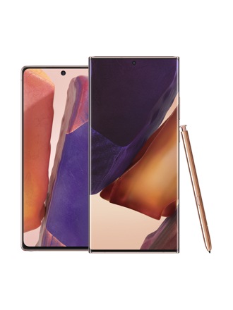 مشهدان أماميان لهاتف Galaxy Note20 برونزي اللون، وهاتف Galaxy Note20 Ultra يستند عليه قلم (S Pen) برونزي اللون