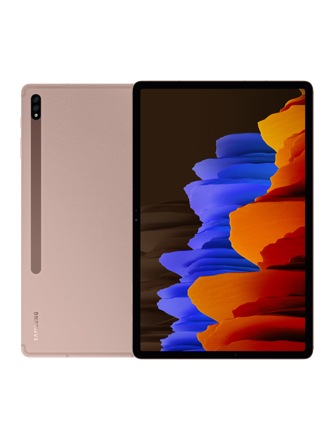 مشهدان أمامي وخلفي للجهاز اللوحي Galaxy Tab S7 برونزي اللون يعرض على شاشته أشكالًا بالألوان الأزرق والبرتقالي والأحمر.