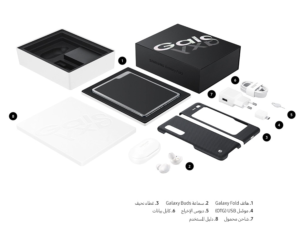 what's in box banner - 1. Galaxy Fold 2. Galaxy Buds 3. Slim Cover 4. USB Connector (OTG) 5. Ejection Pin 6. Data Cable 7. Travel Adapter 8. Quick Start Guide
