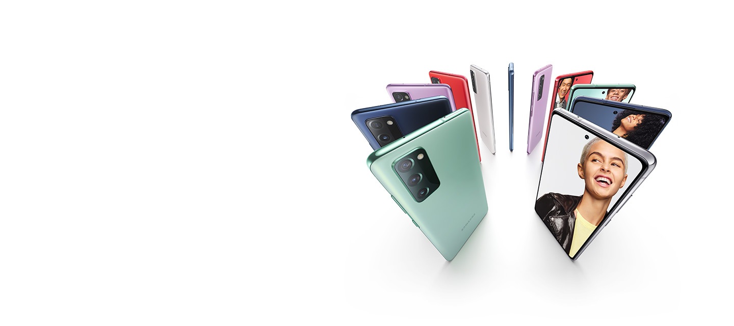 Galaxy S20 FE 5G Eleven Galaxy S20 FE 5G phones standing upright in a circle, alternating Cloud Mint, Cloud Navy, Cloud Lavender, Cloud Red and Cloud White. Some are seen from the rear and some are seen from the front, with photos of people onscreen. Each person stands against a color background that matches the color of the phone.