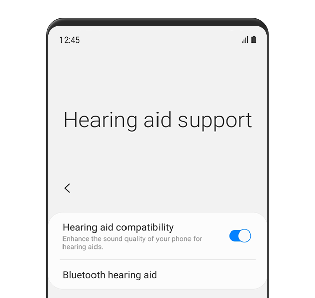 The 'Hearing Aid Support' menu is displayed. The Hearing aid compatibility is turned 'on'. The description text reads: Enhance the sound quality of your phone for hearing aids.