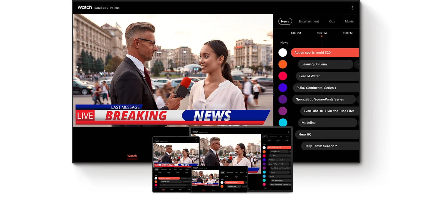 A large TV is in the background with a news segment turned on. At the bottom of the TV, a Galaxy tablet, Z Fold 2, and Z Flip devices show the same content being played through Watch.